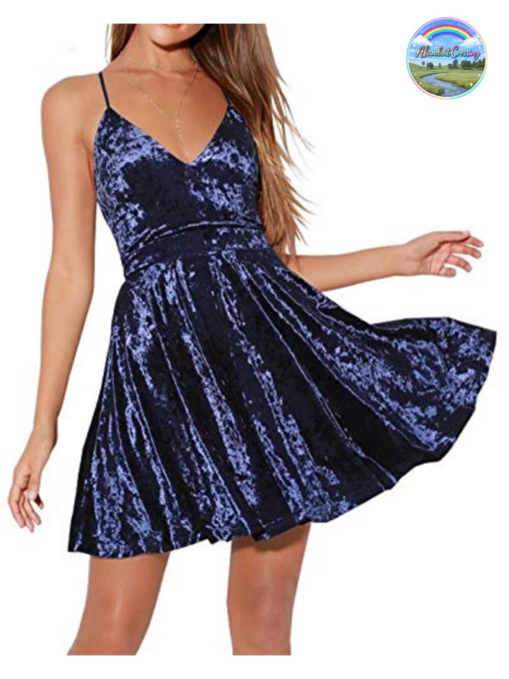 Crushed Velvet Mini Skater Dress V-Neck Spaghetti Strap Party